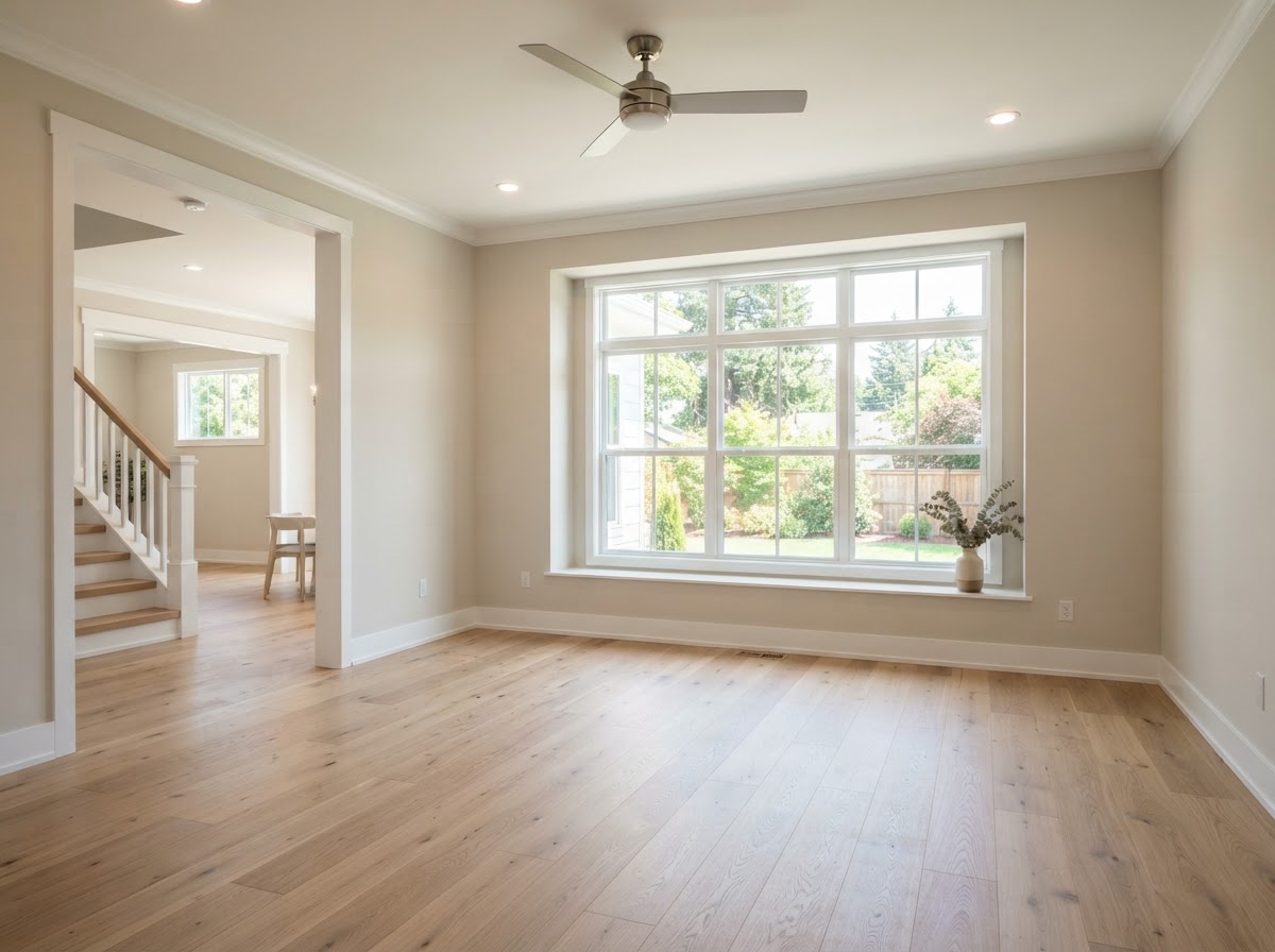 A bright, freshly renovated interior — similar to the light repairs underway at 1810 Pecanview Drive