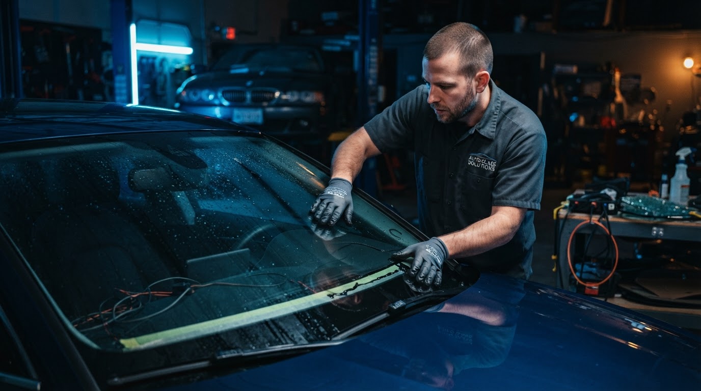 Technician replacing a car windshield in a modern auto glass shop