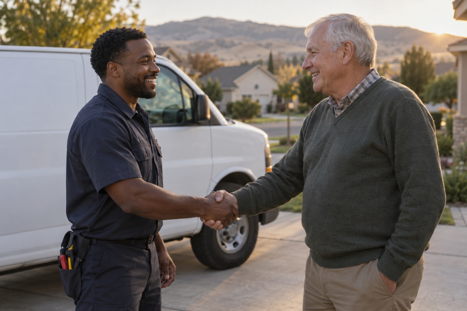 An electrician shaking hands with a homeowner in a driveway