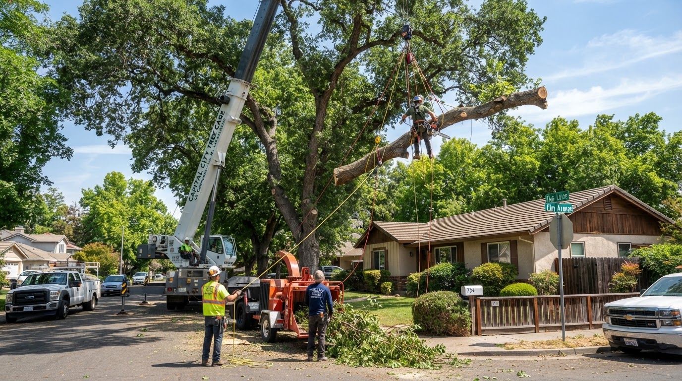 Professional residential tree service crew in action in Sacramento California