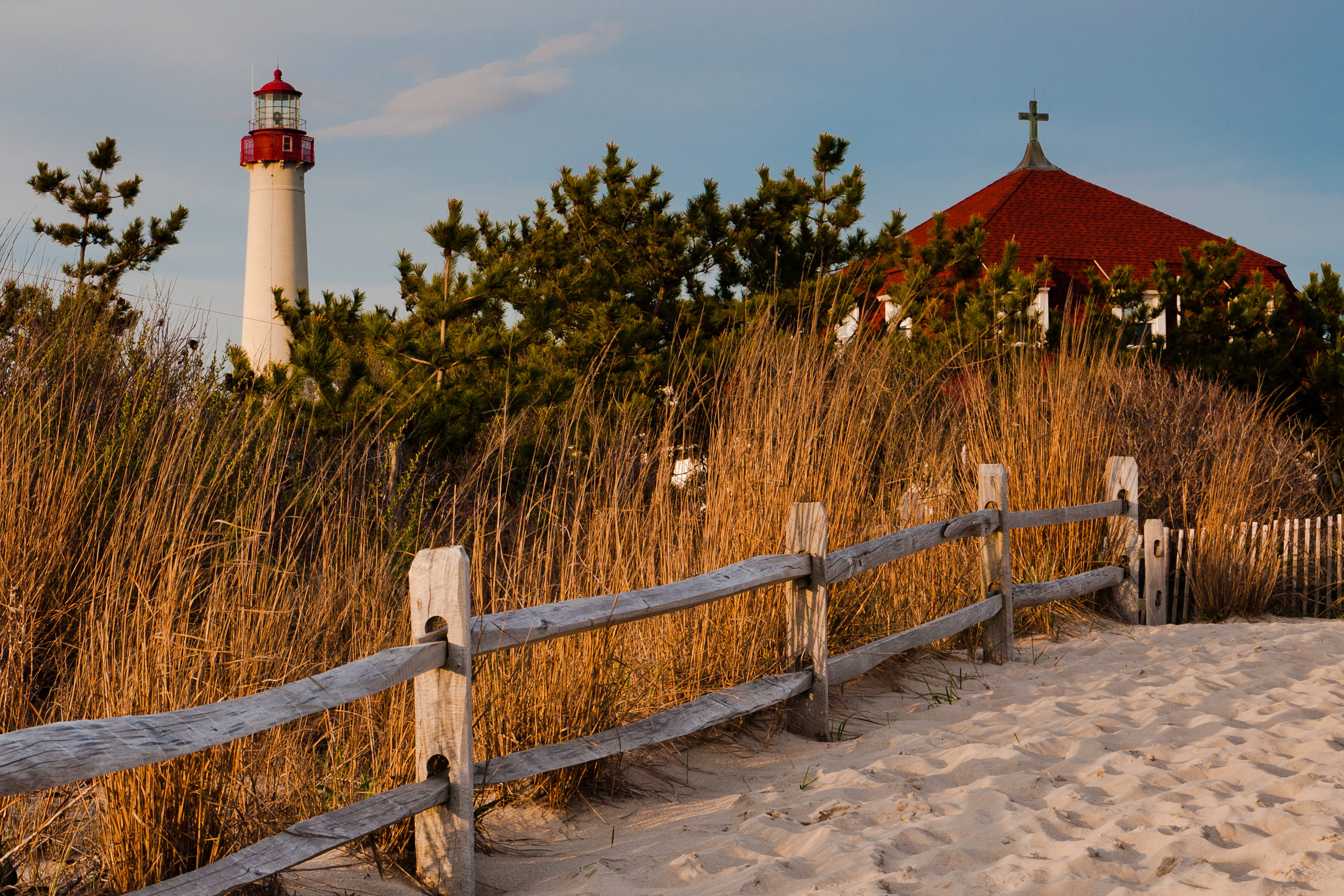 Historic South Jersey coastal lighthouse and dunes