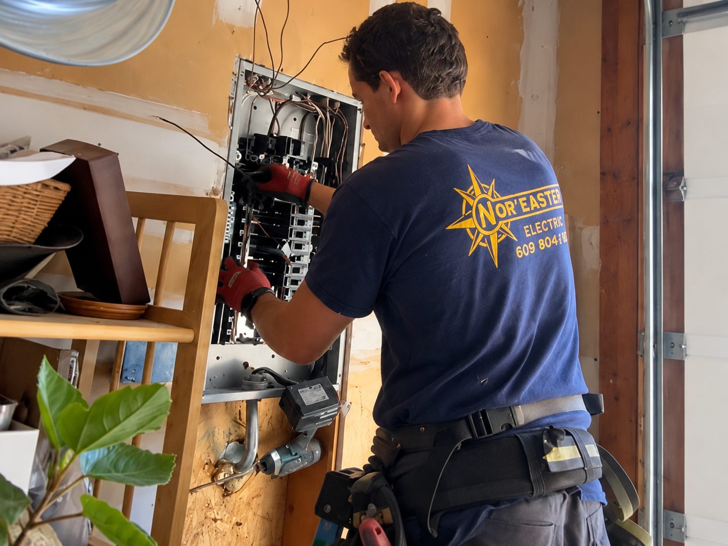 Nor'Easter electrician wiring an open breaker panel during a panel upgrade