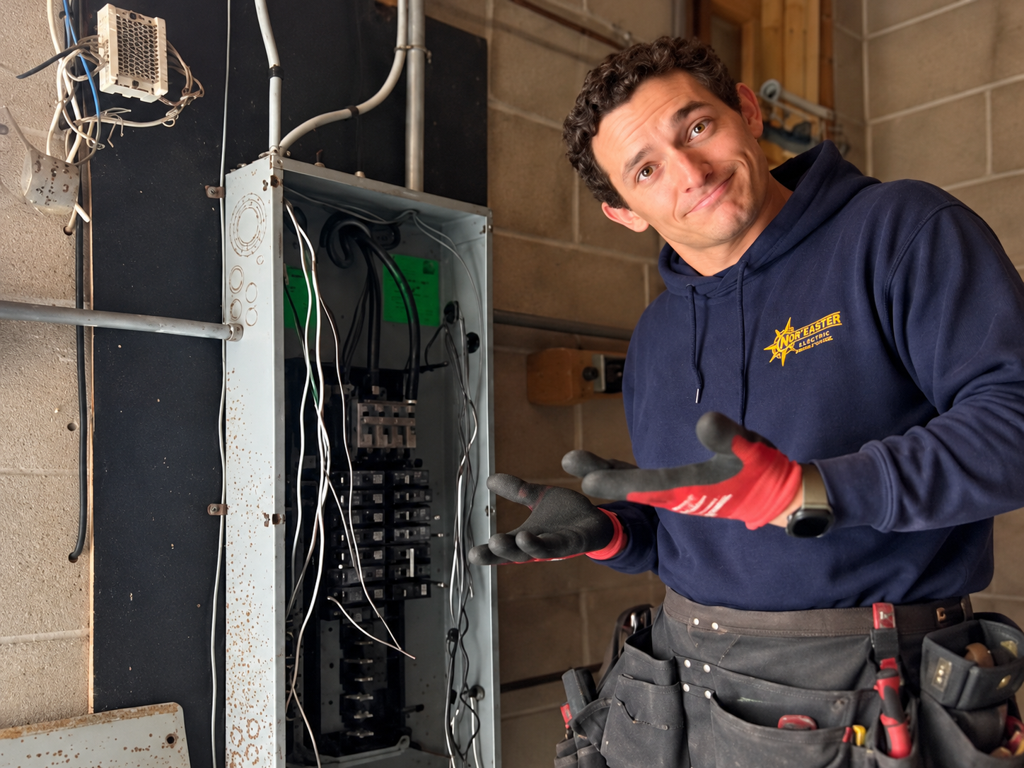Nor'Easter electrician troubleshooting an open electrical panel with safety gloves and tool pouch