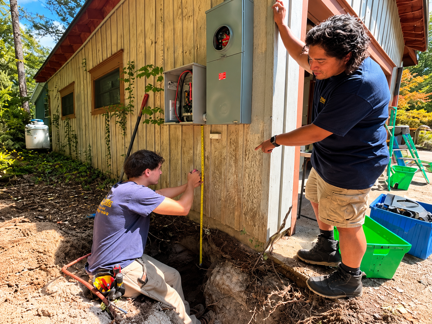 Two Nor'Easter electricians measuring and inspecting an exterior meter box and underground service line