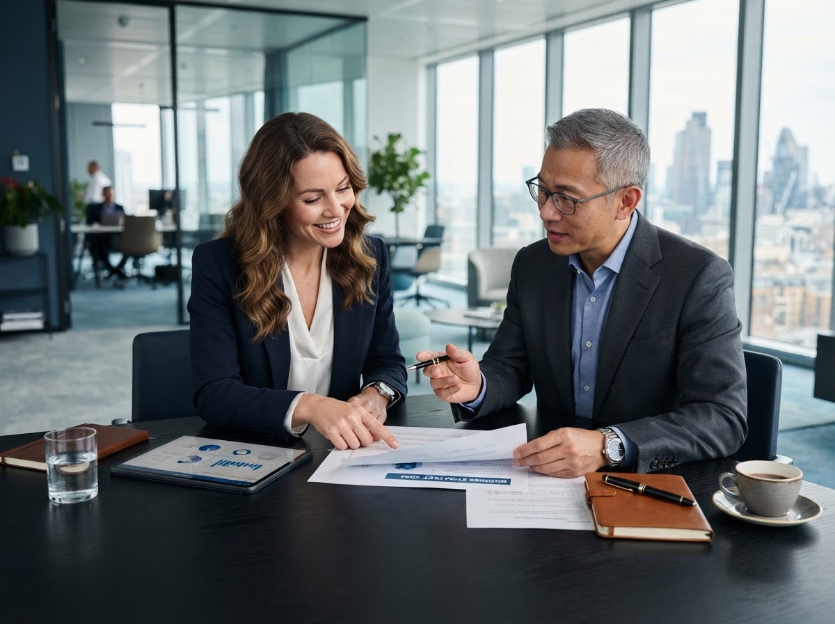 A business consultant and entrepreneur discussing strategy in a modern office