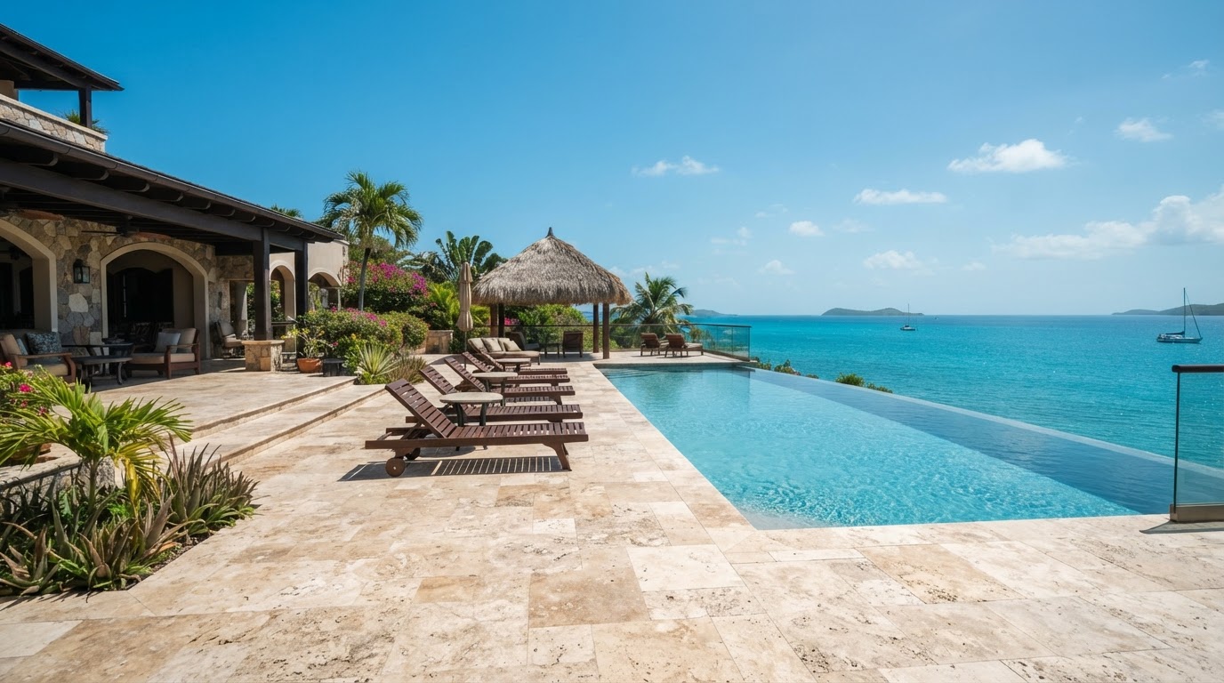 Stone-tiled terrace and pool deck in daylight, Anguilla