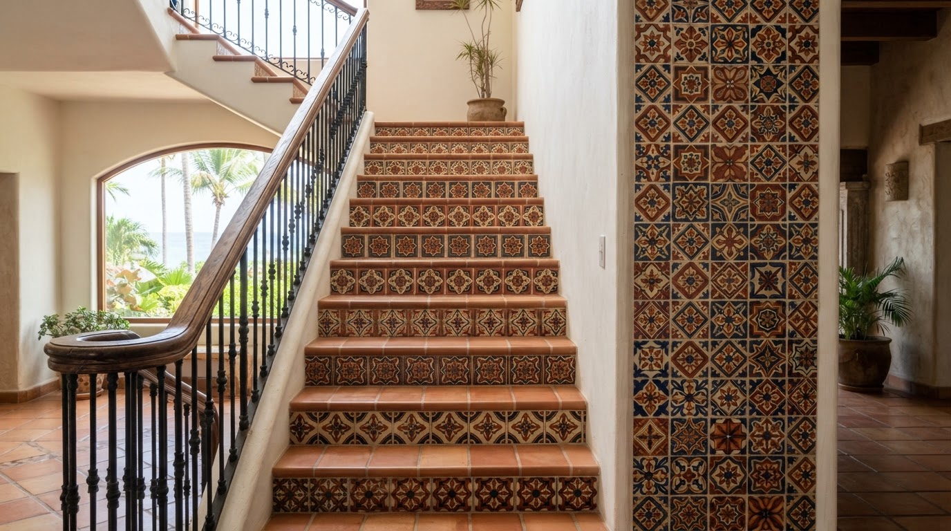Patterned and decorative geometric tile on stairs and walls, Anguilla