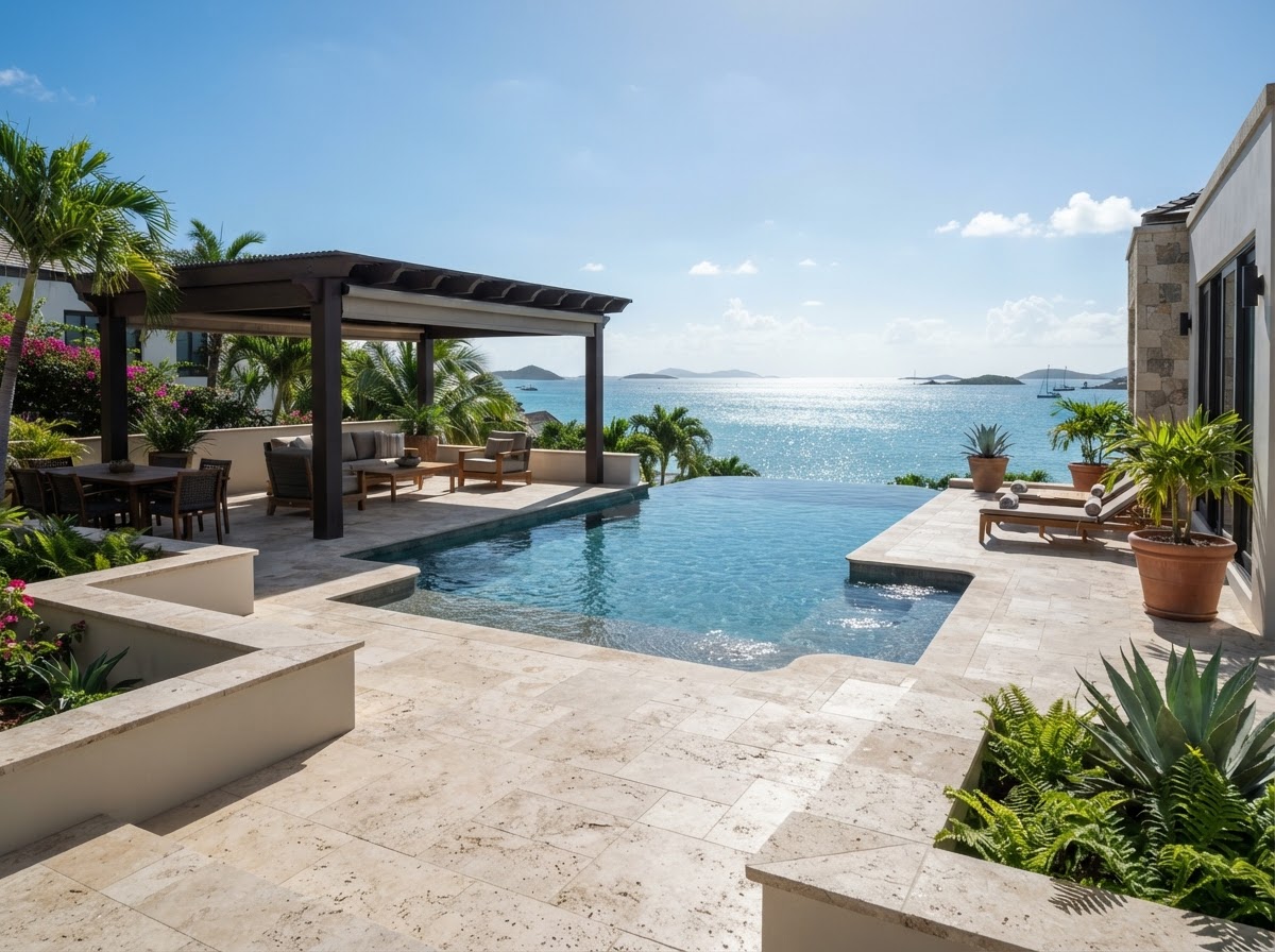 Limestone and travertine outdoor deck and patio surface, Anguilla