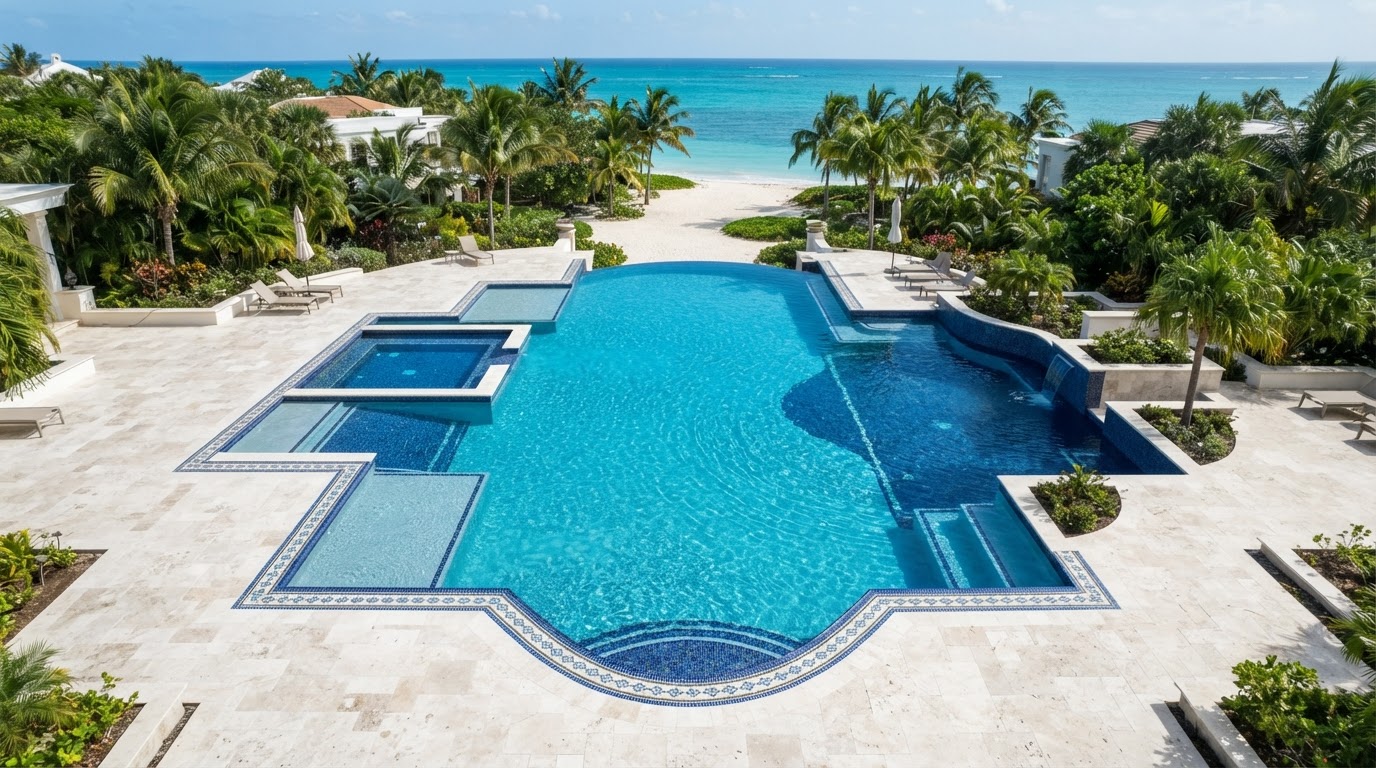 Poolside tile and pool edge with waterline tile in daylight, Anguilla