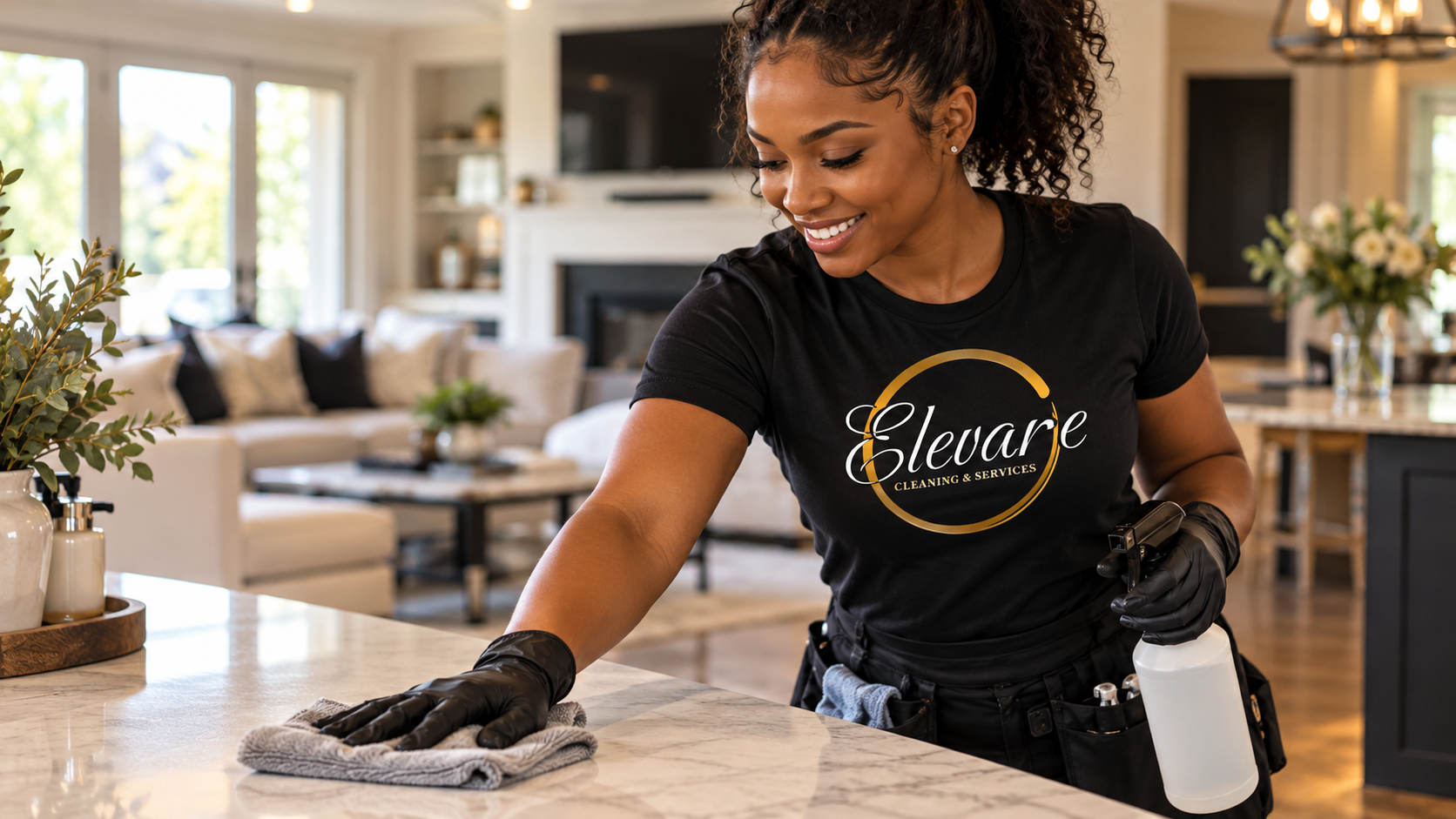 Elevare professional residential housekeeping on marble kitchen island