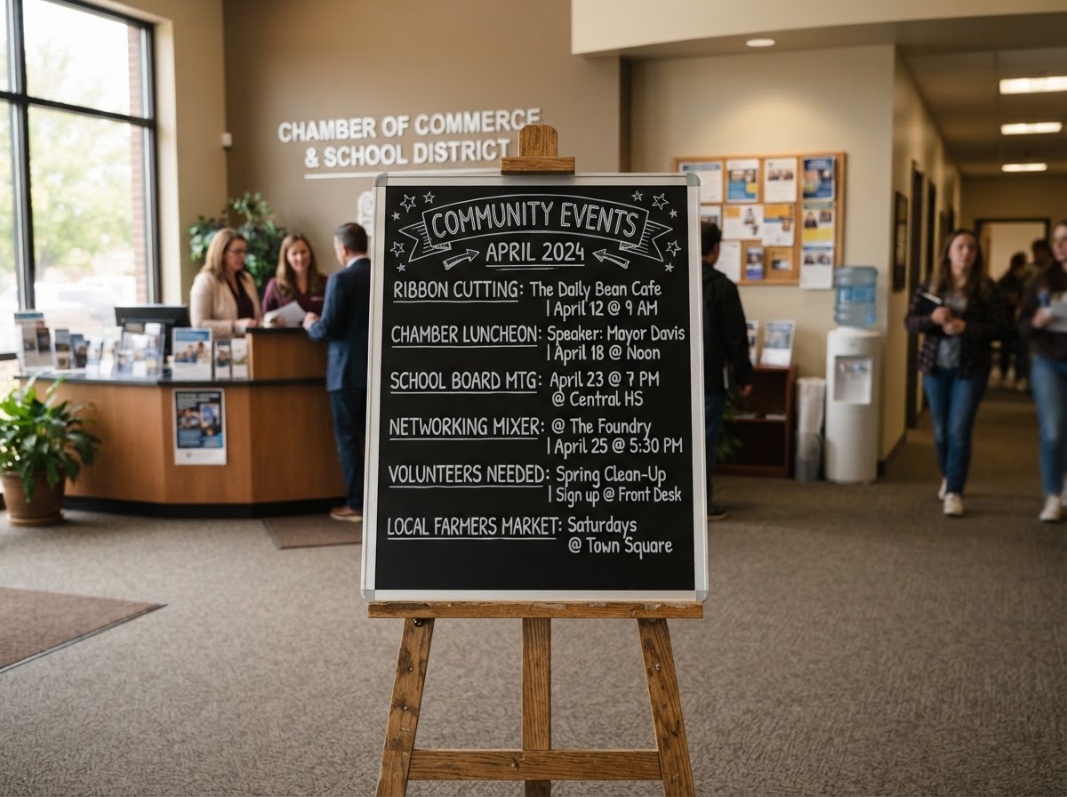 An office and community setting displaying a custom message board