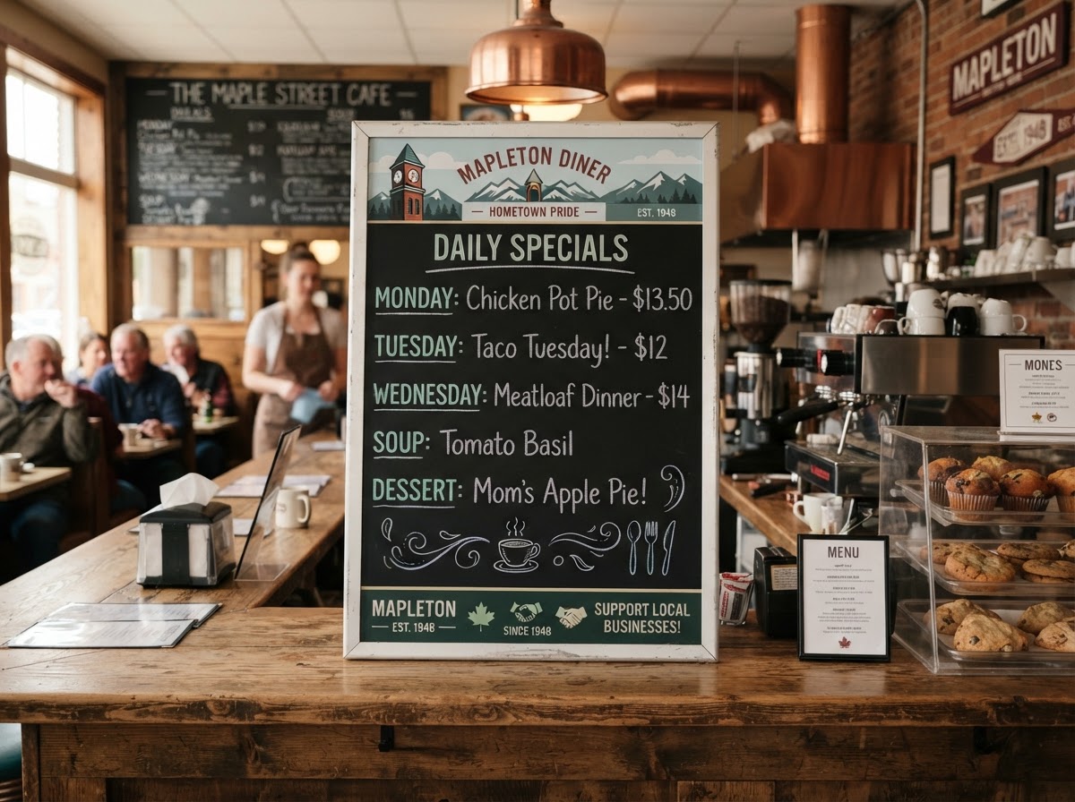 A local restaurant using a hometown pride message board for daily specials