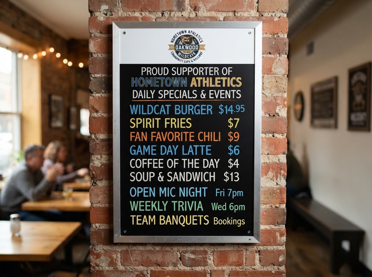 Custom 18 inch by 24 inch aluminum local pride message board with black writable surface and hometown graphics