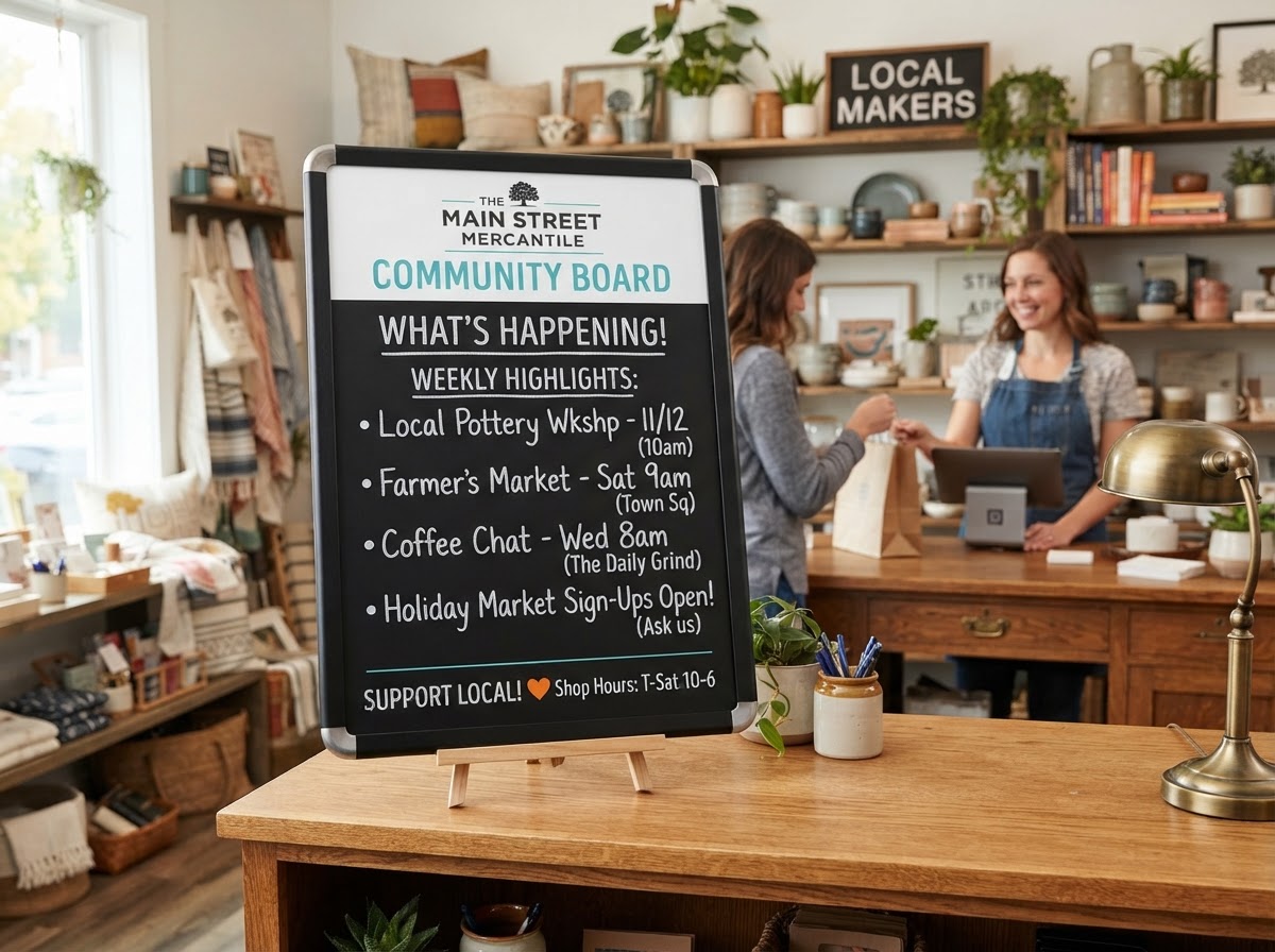 A retail store displaying sales and hours on a message board