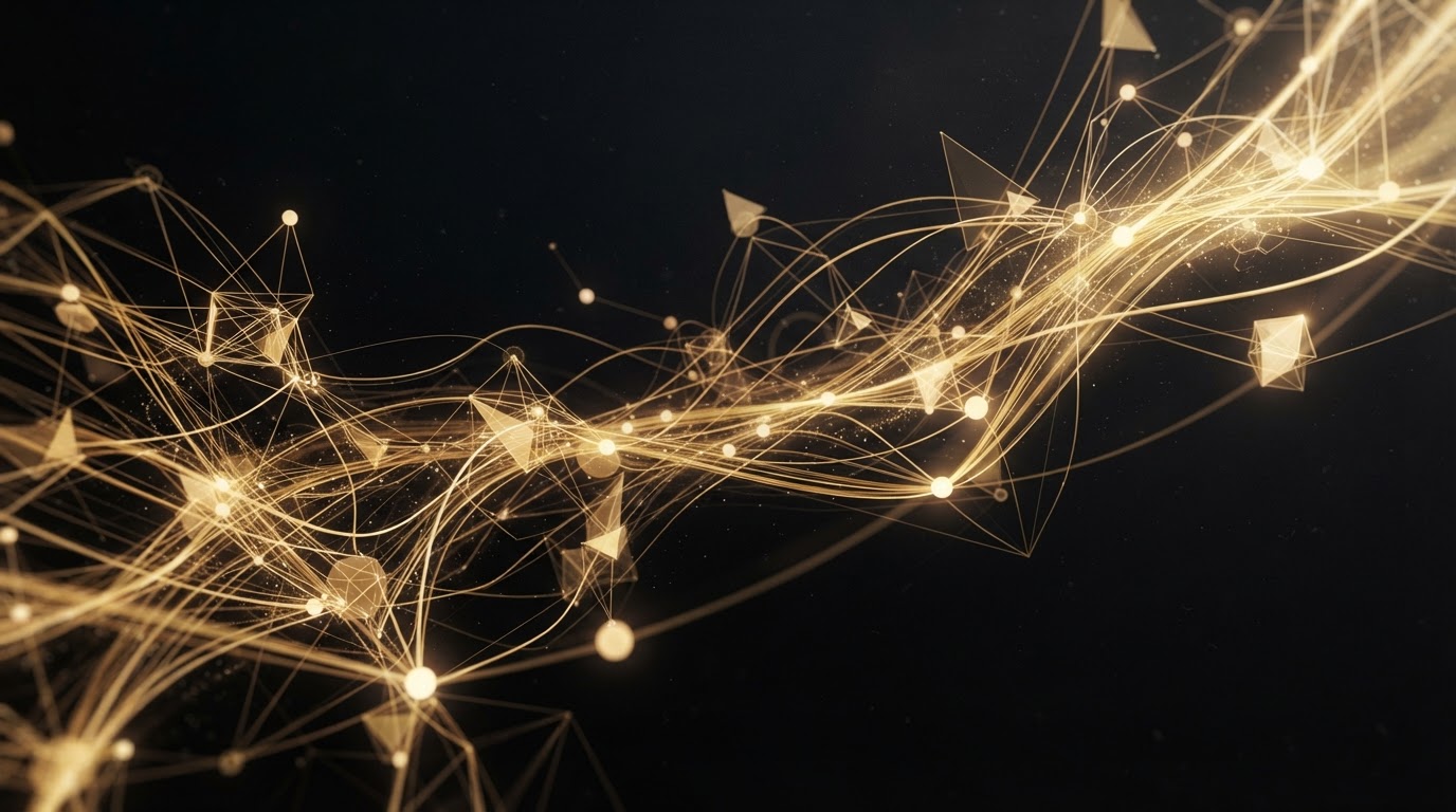 Abstract golden network of strategy nodes over deep black