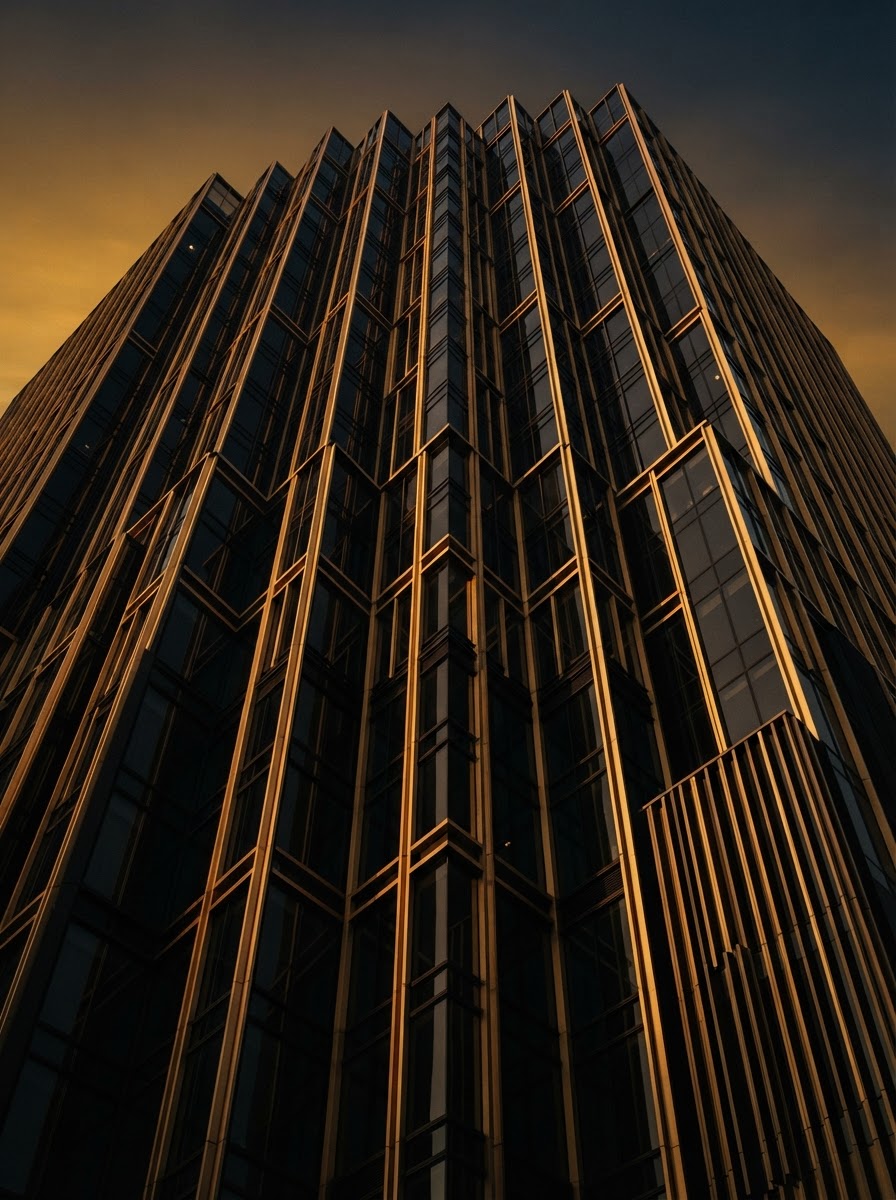 Modern skyscraper facade with strong vertical lines at golden hour