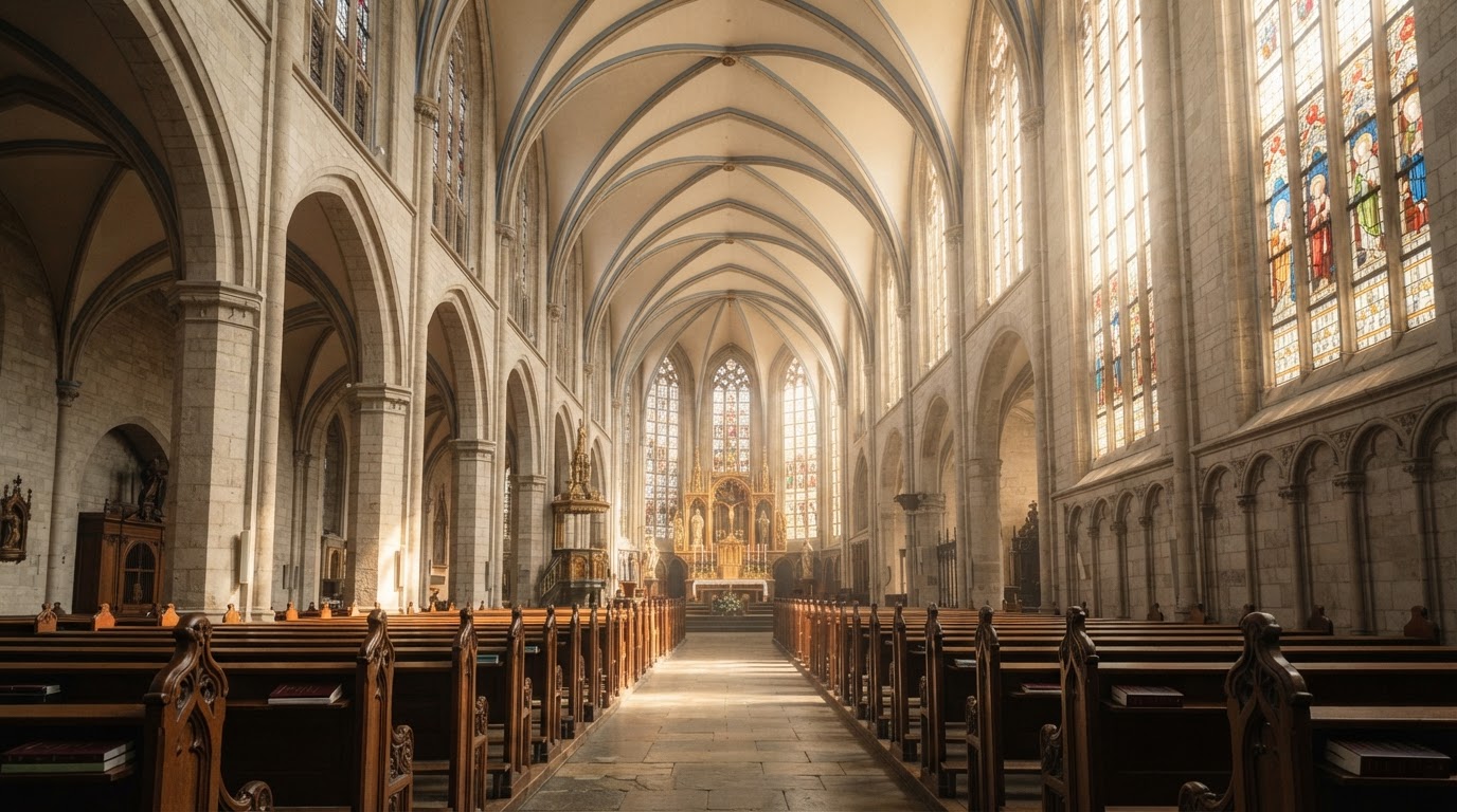 Light-filled cathedral interior with soft morning light streaming through arched windows