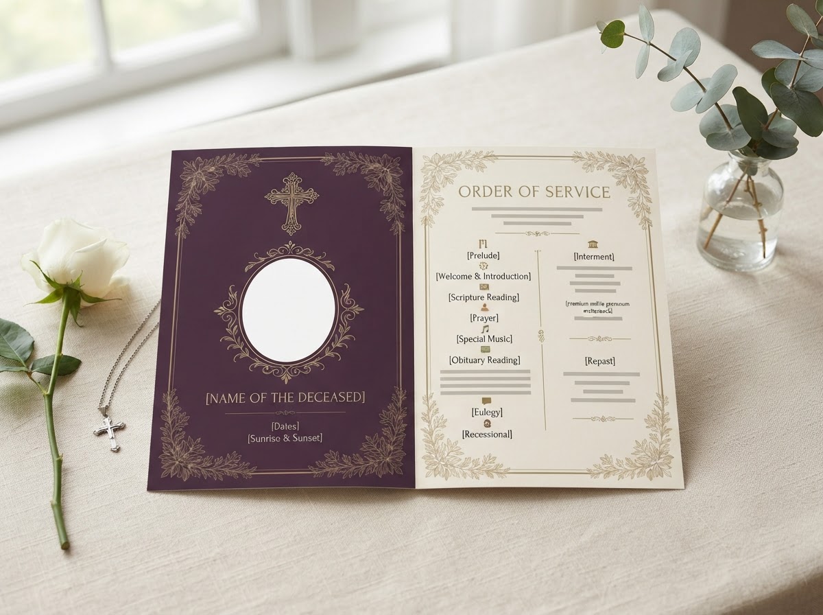Sample custom obituary program design in deep plum and ivory