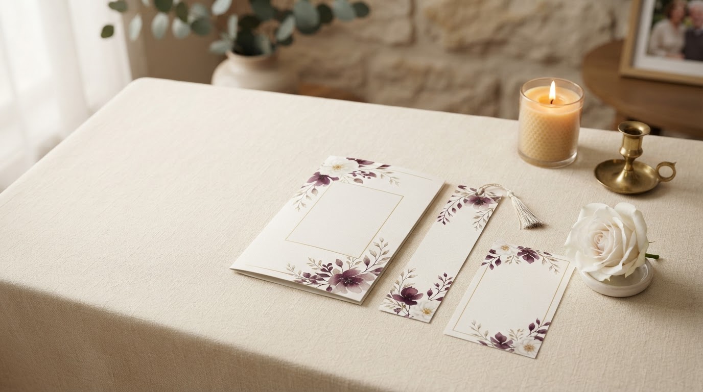 Elegant memorial program, bookmark, and prayer card arranged on warm ivory linen