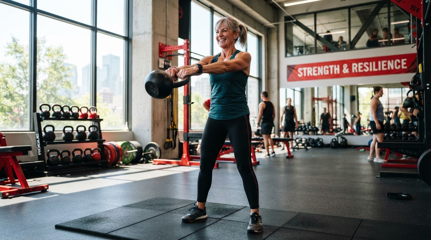 Fit woman over 50 lifting a kettlebell in a bright modern gym