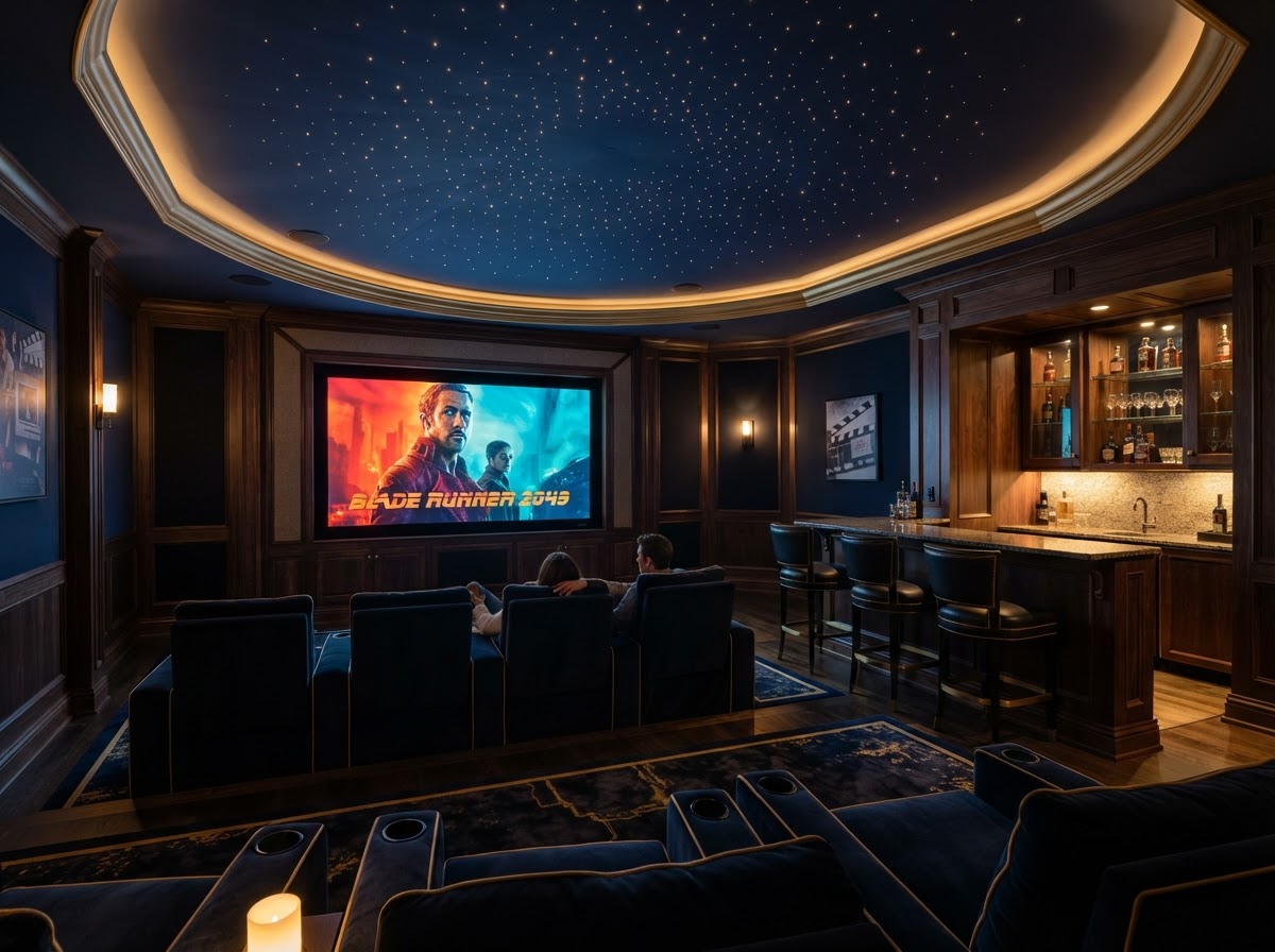 Elegant cinema lounge with a subtle fiber-optic star ceiling and gold cove lighting