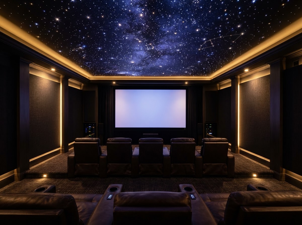 Home theater with a dense fiber-optic star ceiling glowing overhead