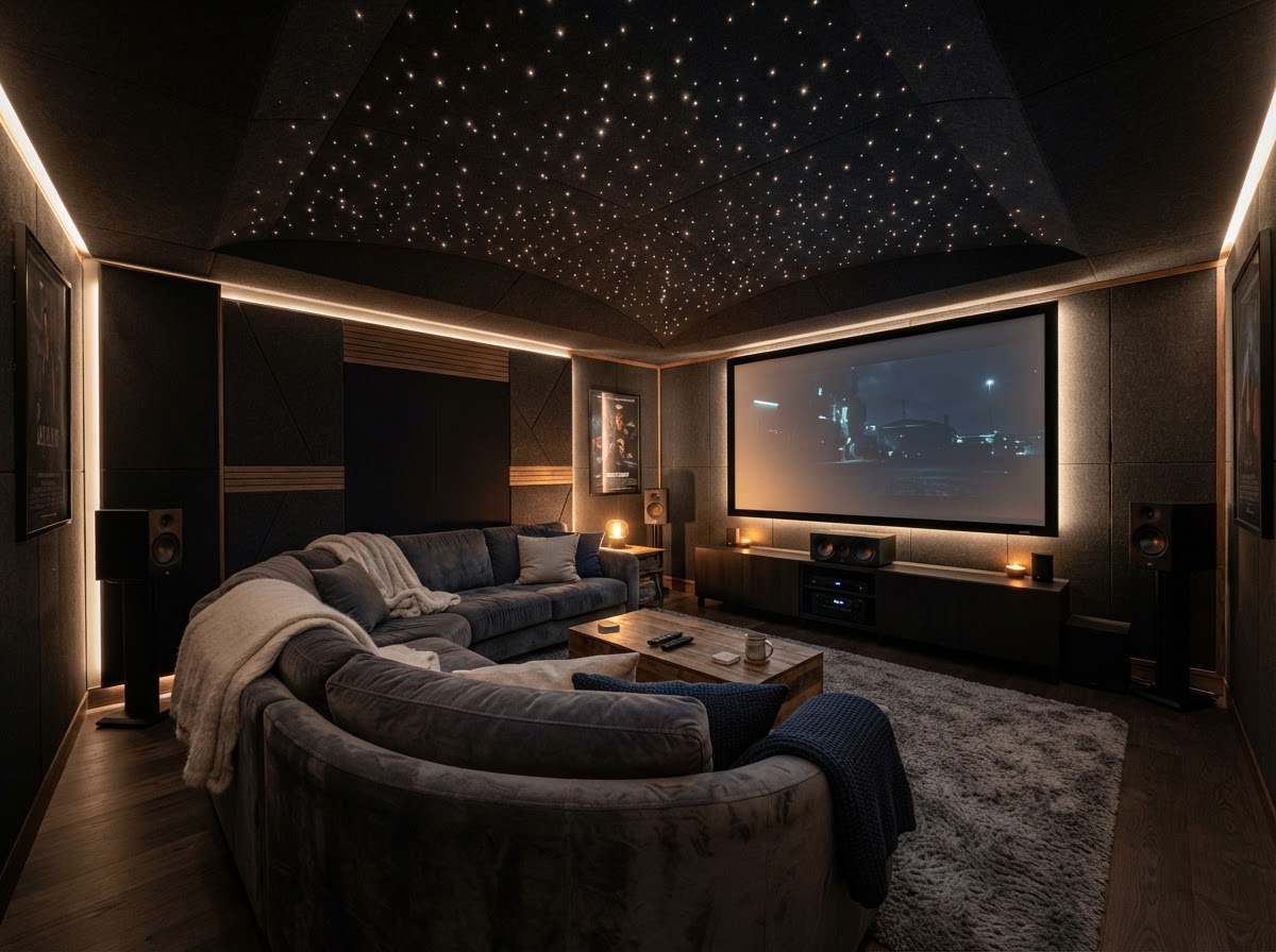 Cozy media room with a sparser fiber-optic star ceiling