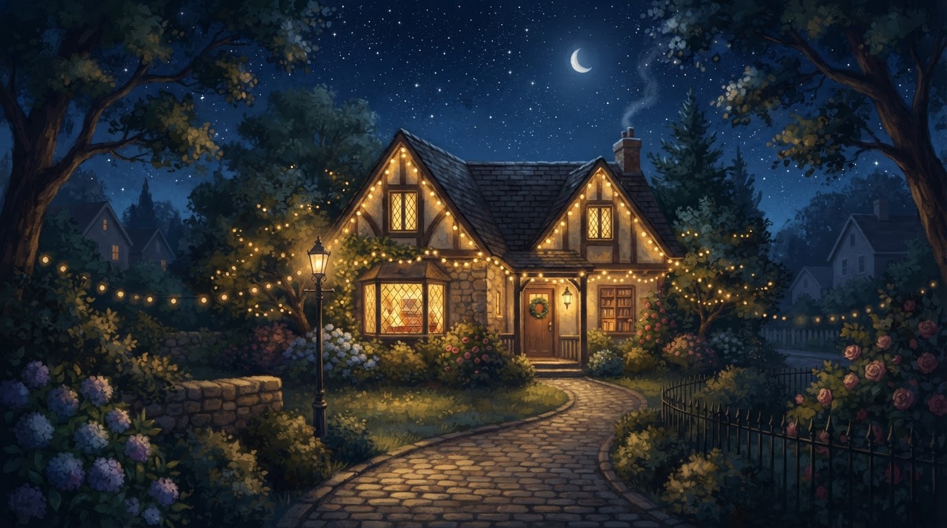 Conceptual illustration of a welcoming neighborhood gathering illuminated by golden lights against a deep midnight-blue sky