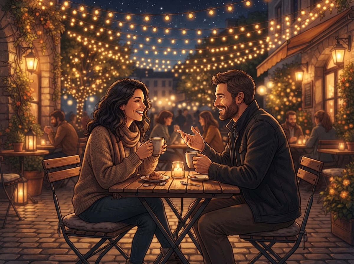 Conceptual illustration of people connecting warmly under golden string lights