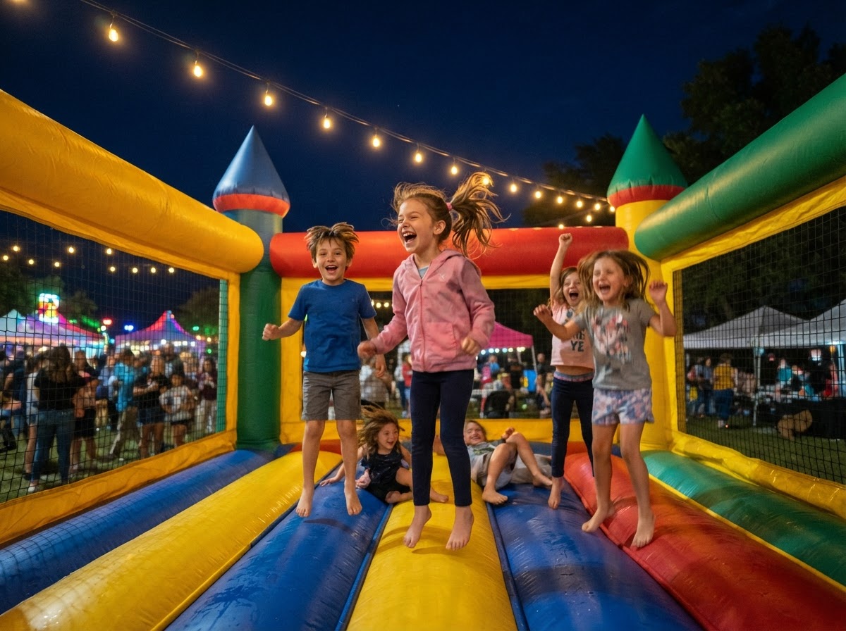 Conceptual illustration of children playing on a colorful inflatable