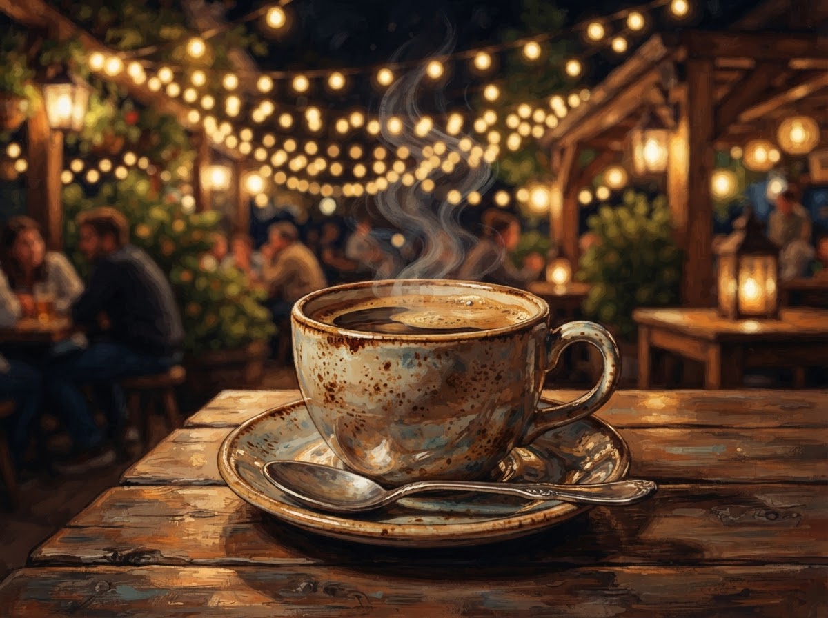 Conceptual illustration of a freshly poured cup of coffee in an attractive cup with warm steam rising and golden outdoor string lights in the background
