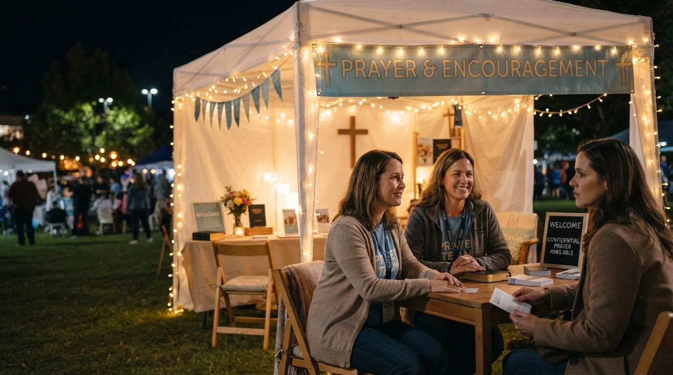 Conceptual illustration of a welcoming evening prayer tent with warm golden lights