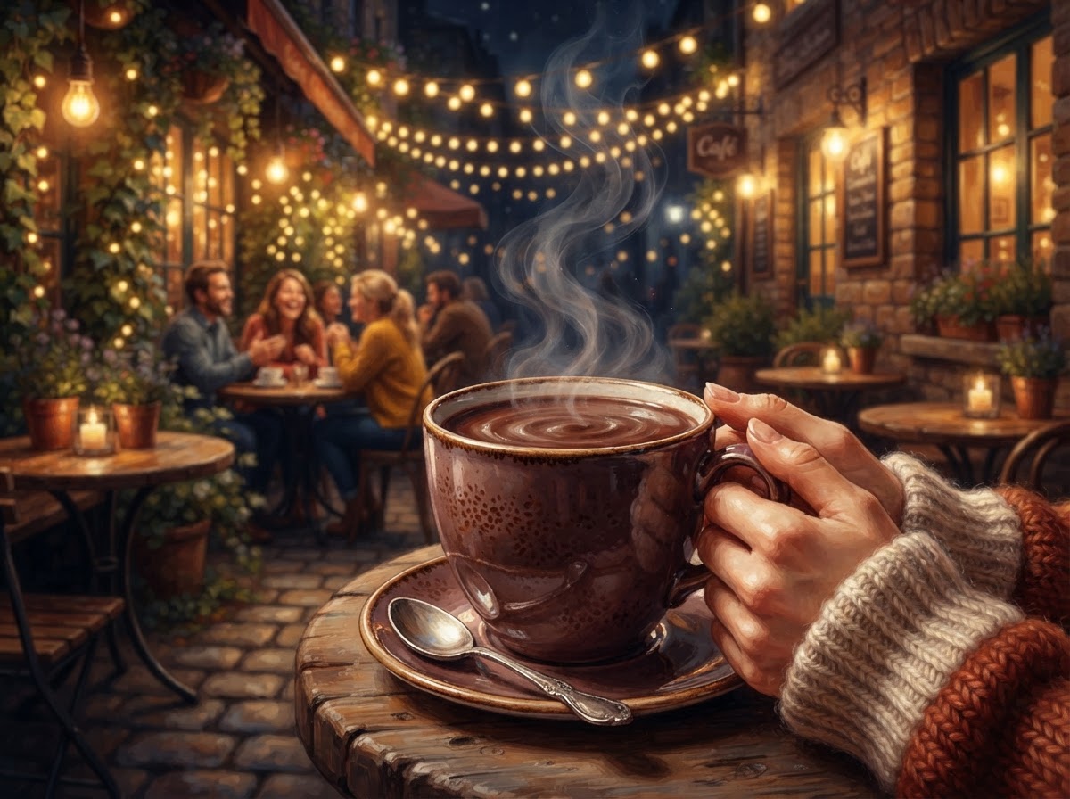 Conceptual illustration of rich hot chocolate with gentle steam in a warm outdoor café atmosphere at night