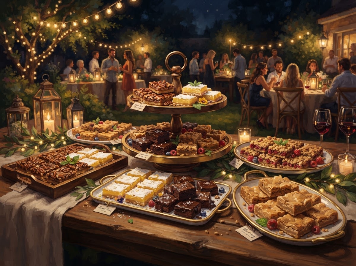 Conceptual illustration of beautifully arranged homemade dessert bars on elegant serving trays illuminated by warm golden lighting