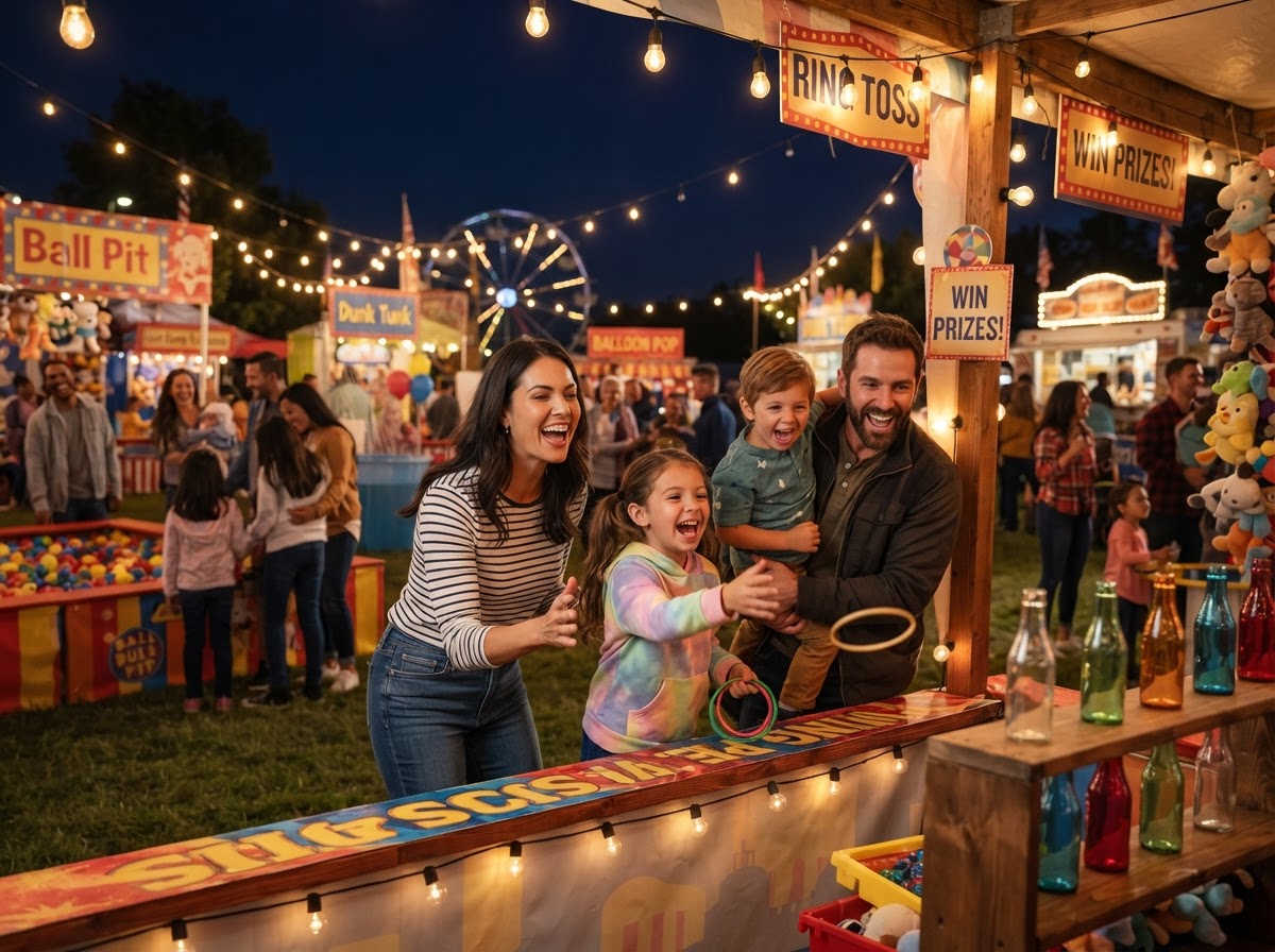 Conceptual illustration of families playing carnival games together
