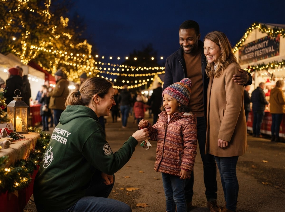 Conceptual illustration of a volunteer warmly welcoming a family