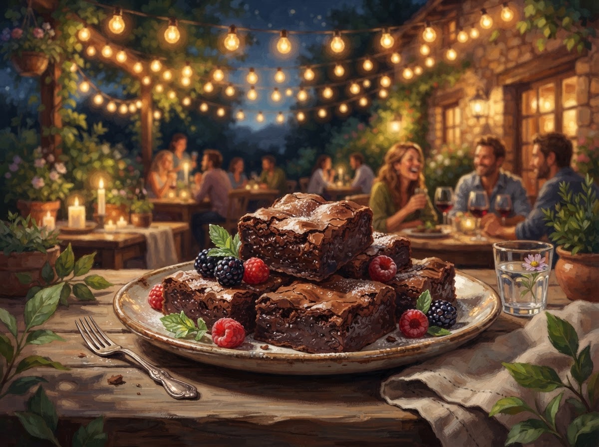 Conceptual illustration of rich, beautifully presented homemade brownies in a welcoming outdoor nighttime hospitality setting