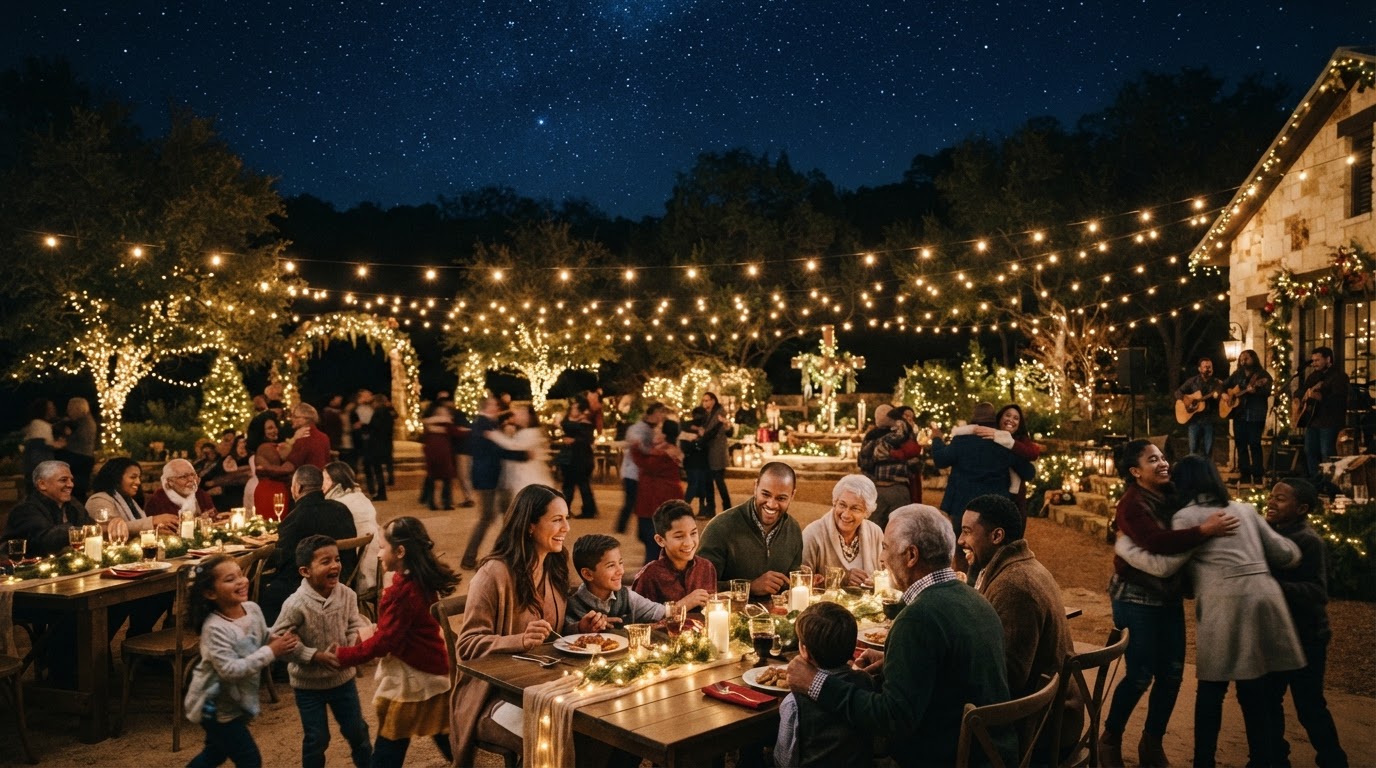 Conceptual illustration of warm golden light illuminating a gathering of families