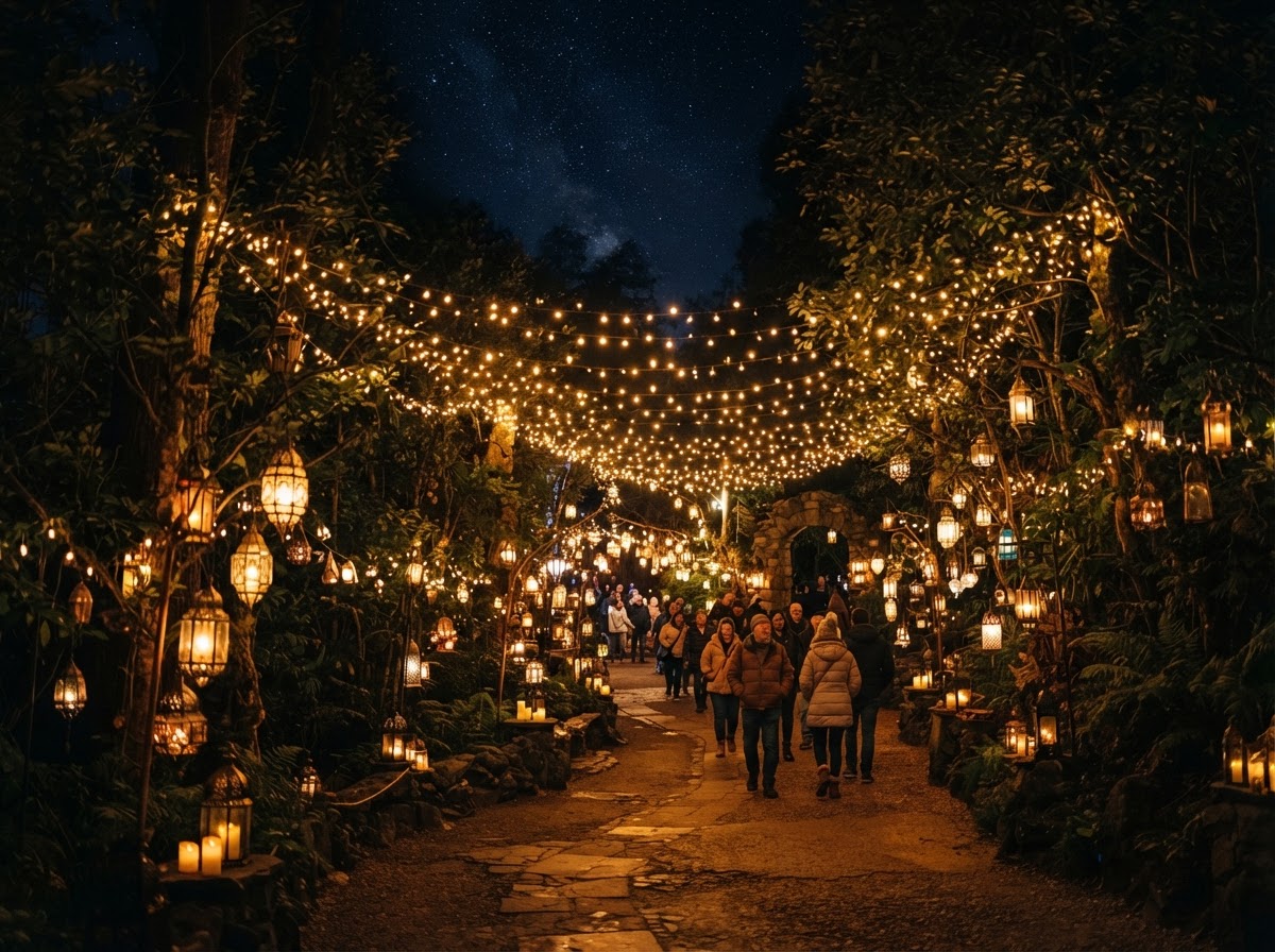 Conceptual illustration of warm golden lights shining against a dark night