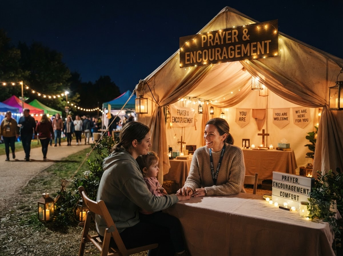 Conceptual illustration of a welcoming prayer and encouragement tent