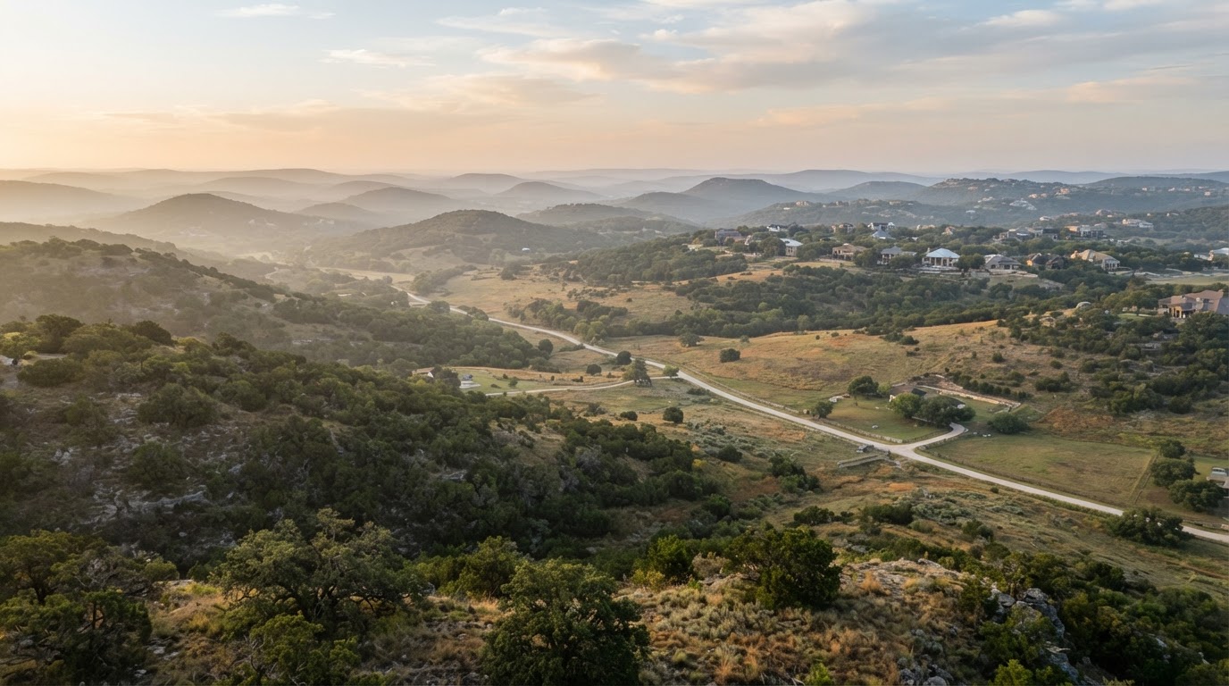 Aerial view of rolling Texas hill country land at early morning light