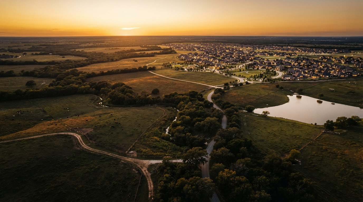 Aerial view of Texas land at dusk