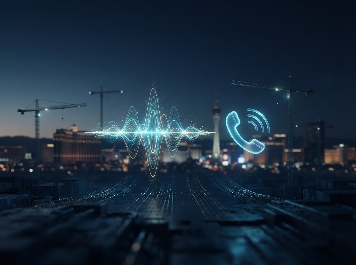 AI voice receptionist sound wave over a Las Vegas skyline at dusk — Moneytarian Connect
