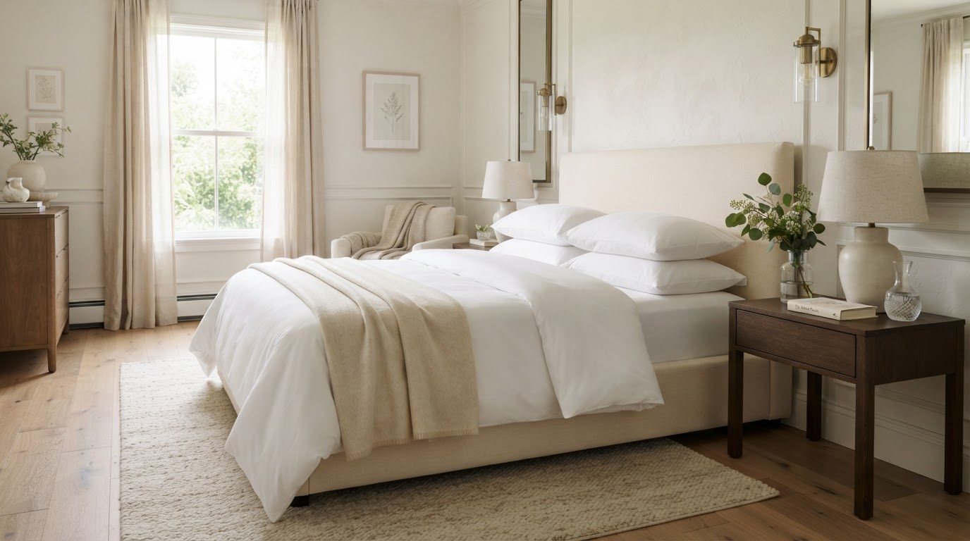Calm, freshly made bedroom with botanical detail