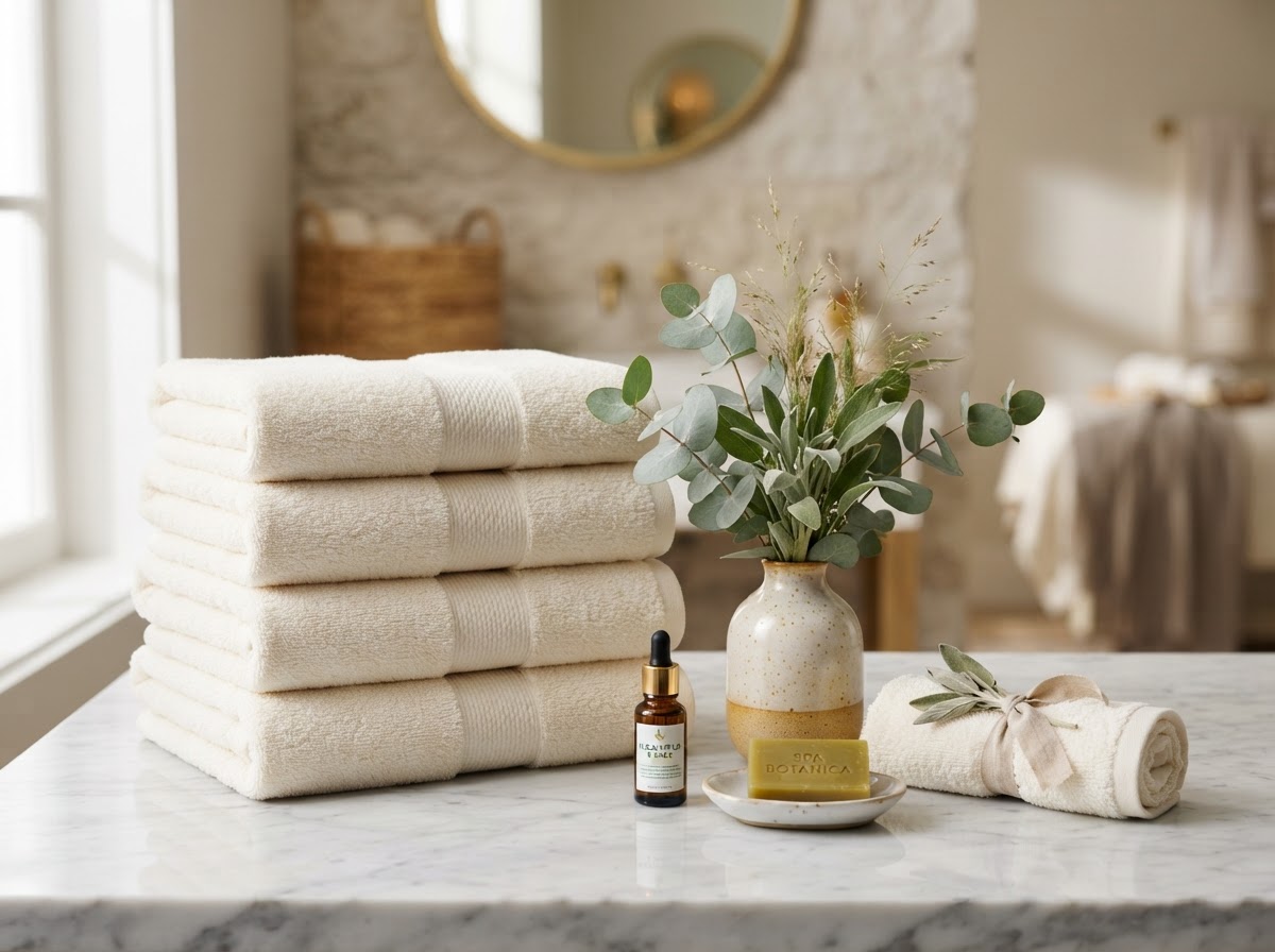 Neatly folded cream towels with botanical arrangement on a pristine countertop