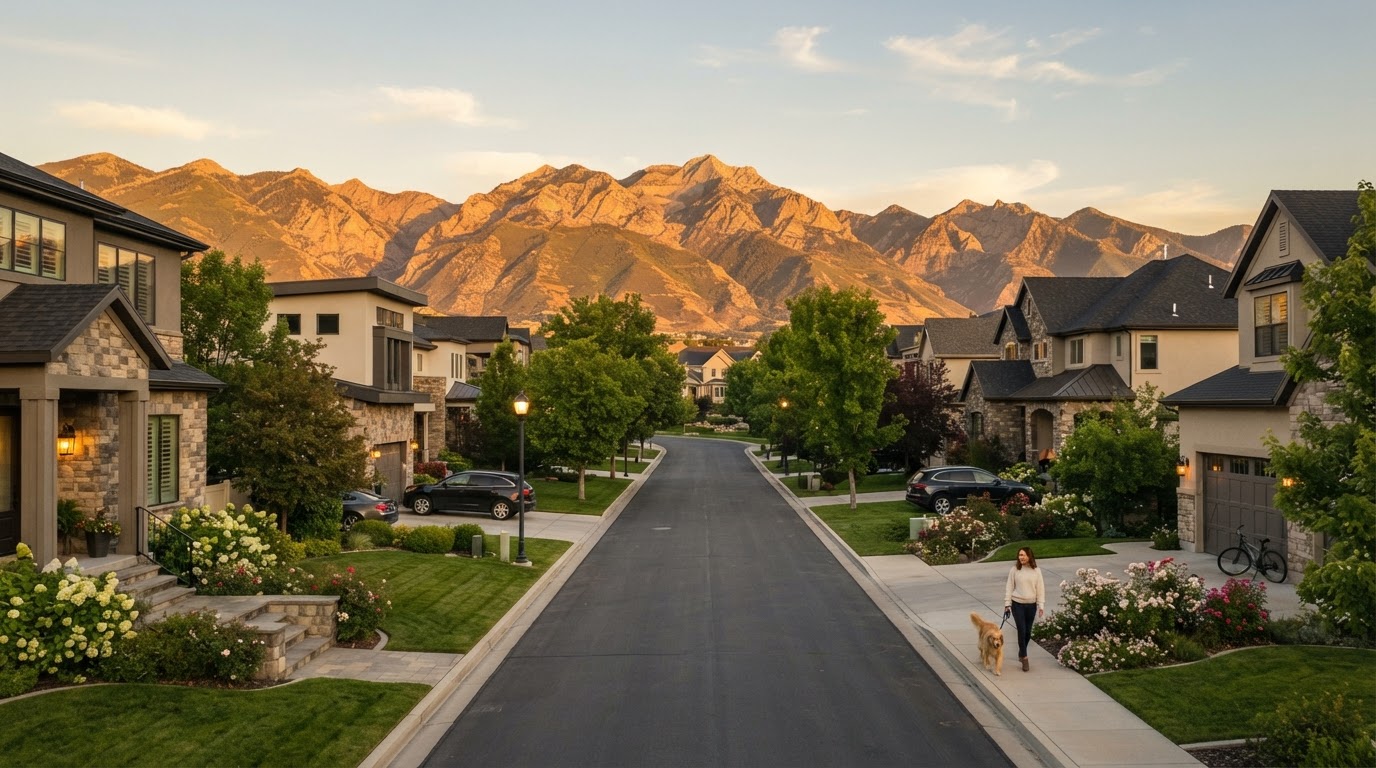 Serene Salt Lake Valley neighborhood at golden hour with mountains