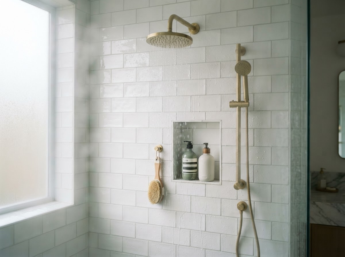 Clean white tiled bathroom shower wall with steam