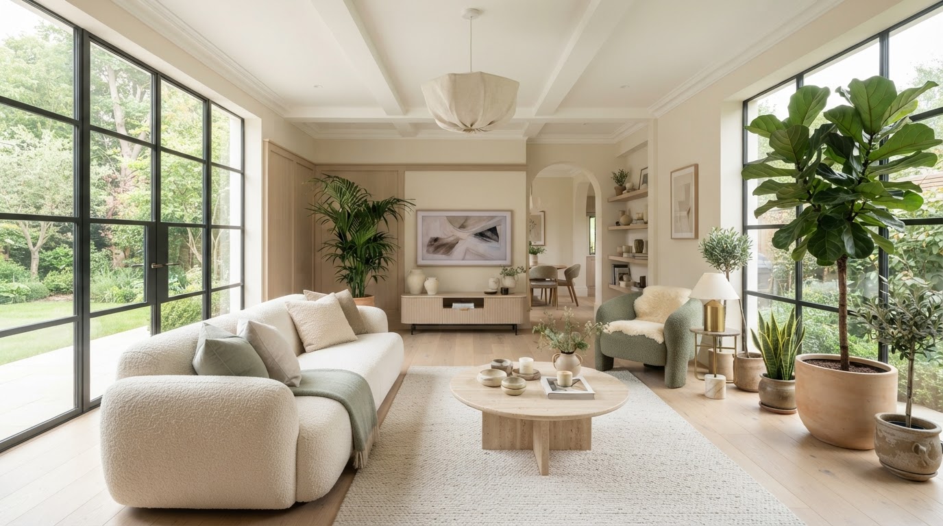 Bright, immaculate luxury living room with natural light and botanical accents