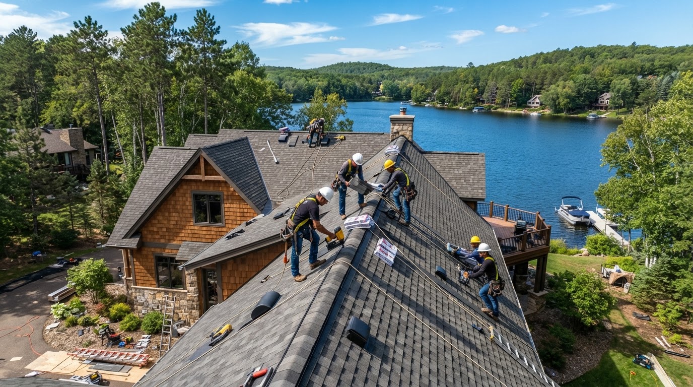 A-1 Roofing's dedicated Mexican roofing crew installing architectural shingles on a beautiful Minnesota lakeside roof