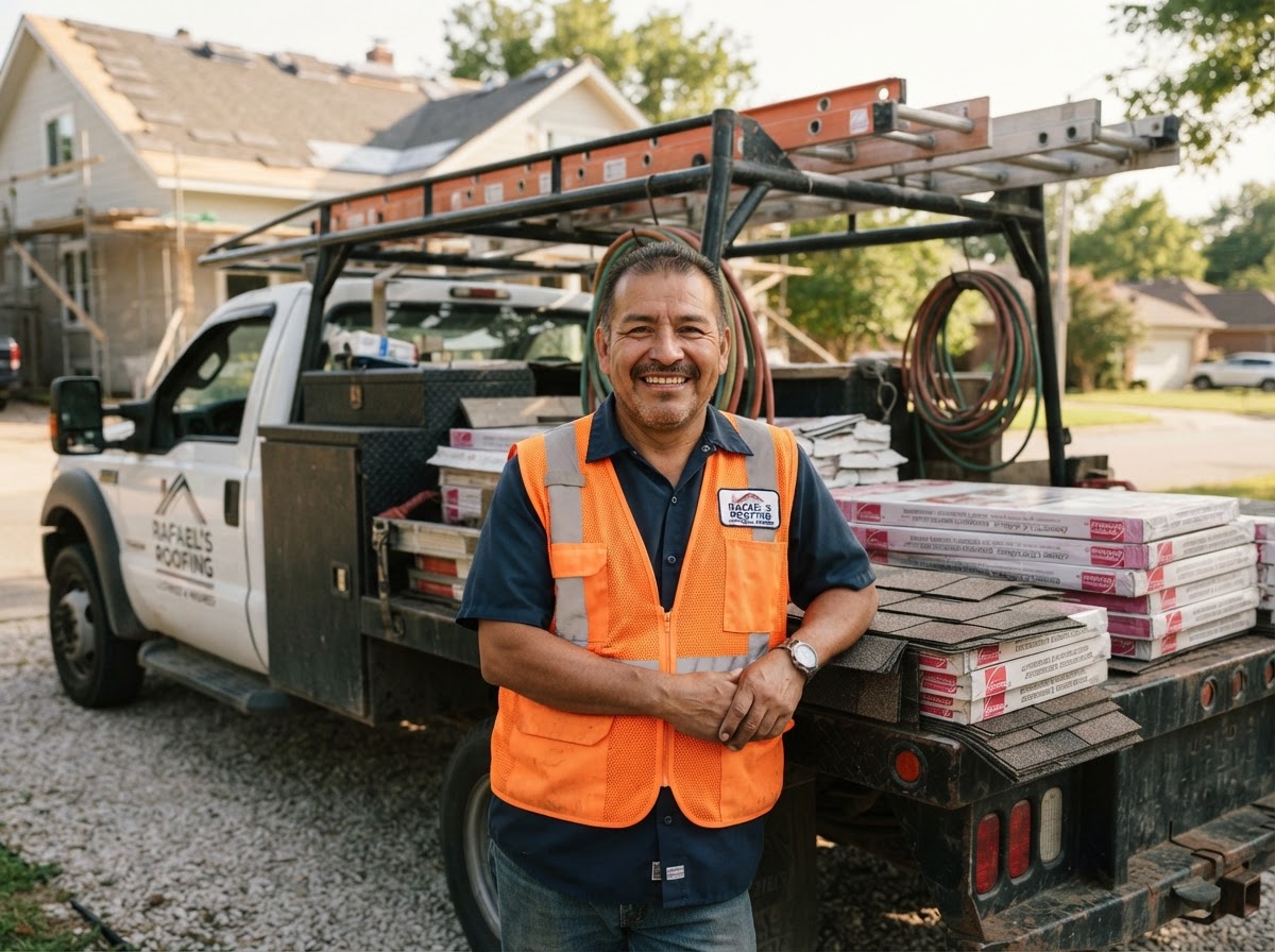 A-1 Mexican Roofing Crew Leader in front of work truck